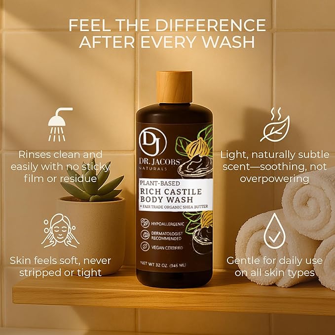 Dr. Jacobs Naturals Pure Castile Soap Liquid Body Wash, Shea Butter - Plant Based Soap Infused with Vitamin E and Aloe Vera to Moisturize Dry and Sensitive Skin - Made in The USA - 16 oz, Pack of 2