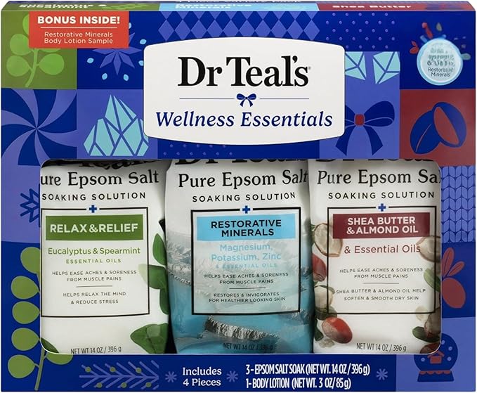 Dr Teal's Holiday Edition Pure Epsom Salt Gift Set, 3 Pack with Eucalyptus Spearmint, Restorative Minerals, Shea Butter, 14 oz Each with Body Lotion Sample