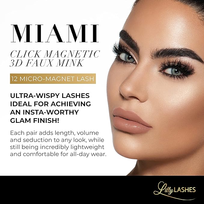 Lilly Lashes Click Magnetic Eyelashes - Miami Magnetic Faux Mink Lashes for a Natural Look - False, Wispy Magnet Eyelashes - Vegan Makeup Lash Extension - Magnetic Eyelashes Without Eyeliner