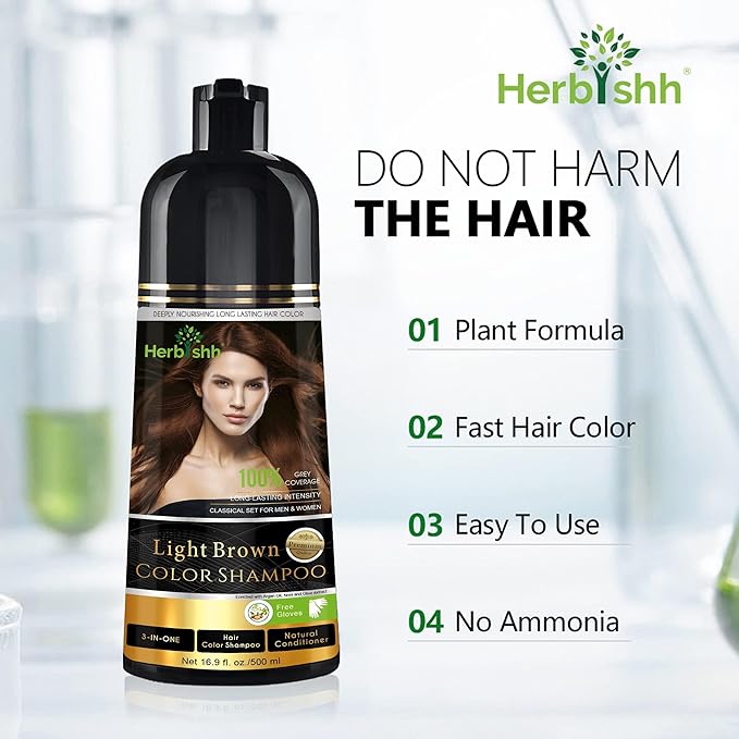Herbishh Color Shampoo for Gray Hair Coverage (Light Brown) –Hair Dye 3-in-1 Shampoo- Colors in Minutes – Lasts Up To 2-3 Weeks – 500 mL – Ideal for Men & Women