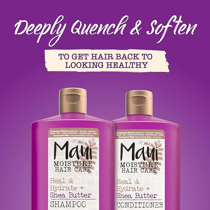 Maui Moisture Heal & Hydrate + Shea Butter Shampoo for Dry, Damaged Curls Helps Revive Curly & Coily Hair with Coconut Oil & Macadamia Oil, Vegan & Sulfate-Free Surfactants, 25.4 fl. oz