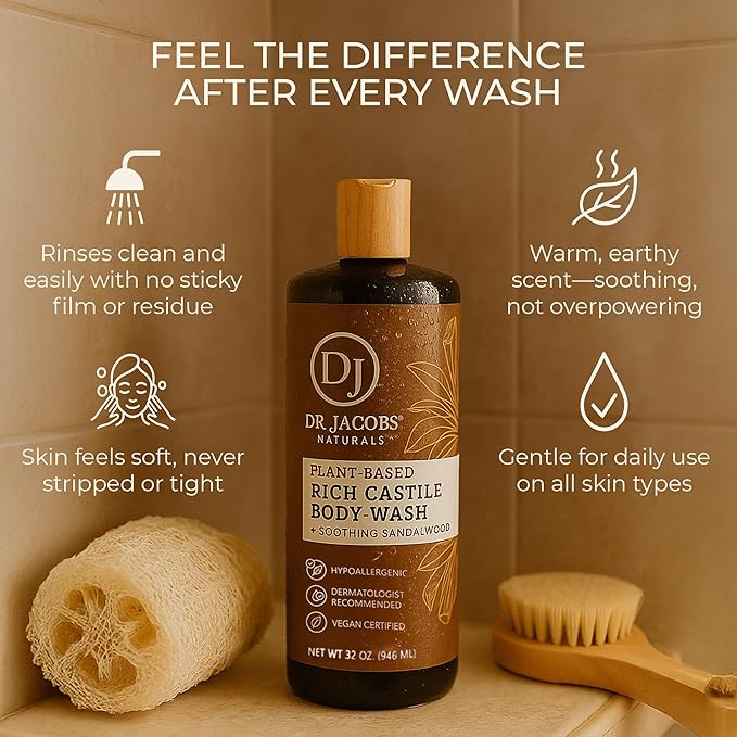 Dr. Jacobs Naturals Pure Castile Soap Liquid Body Wash, Sandalwood - Plant Based Soap Infused with Vitamin E and Aloe Vera to Moisturize Dry and Sensitive Skin - Made in The USA - 32 oz, Pack of 1