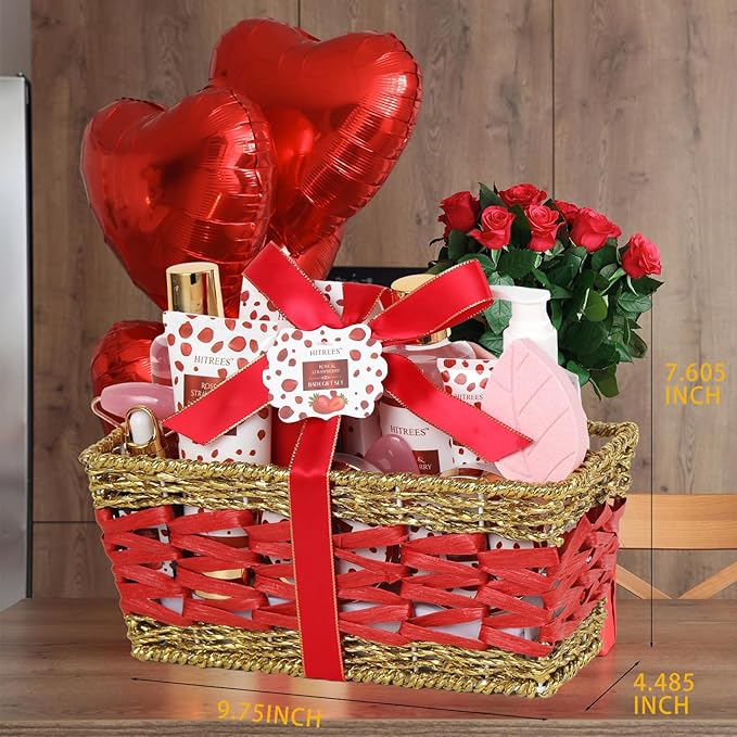 Luxury 22 pcs Rose & Strawberry Valentines Day Gift for Women, Bath and Body Basket Gift, Face Skin Care Kit, Home Spa Self Care, Eye Cream, Birthday, Christmas, Mother, Bridal Shower, Anniversary