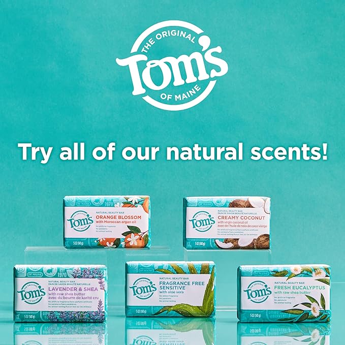 Tom’s of Maine Natural Beauty Bar Soap For Women and Men, Fragrance Free, Sensitive Skin, 5 oz Bar (Pack of 6)
