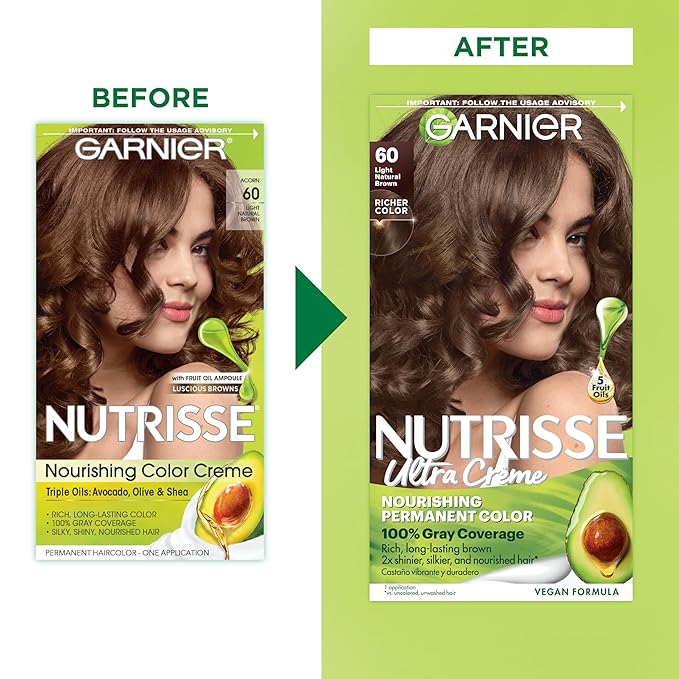 Garnier Nutrisse Ultra Crème Hair Color, Permanent Hair Dye with 100% Gray Coverage, Vegan & Cruelty-Free, 60 Light Natural Brown (Acorn), 2 Count