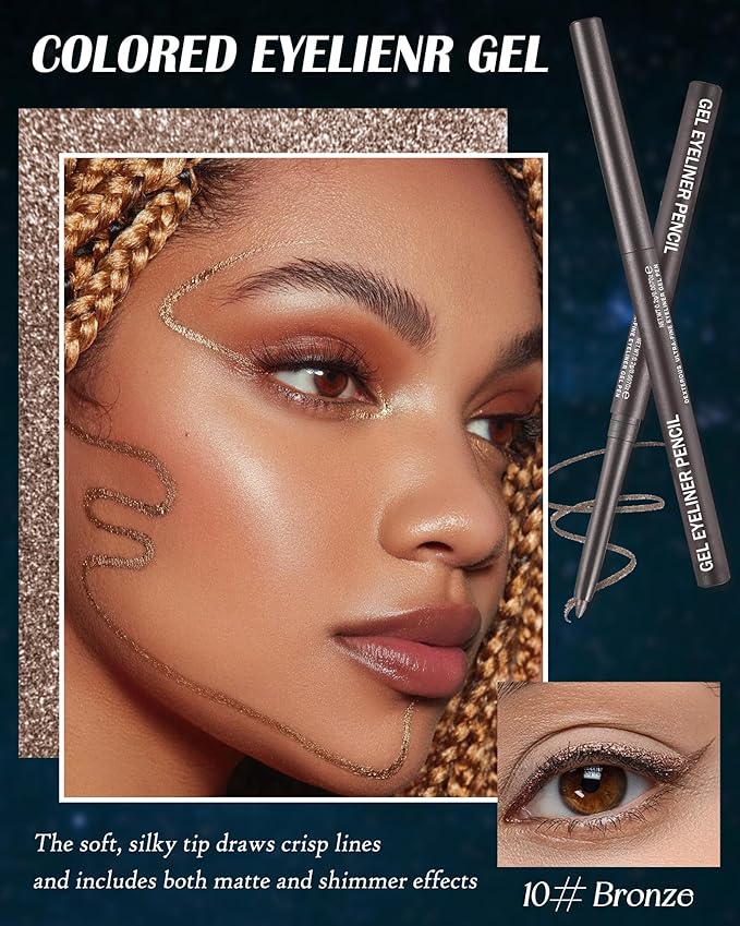 Grey Glitter Gel Eyeliner Pencil Waterproof, Metallic Retractable Cream Smooth Eye Liner Pencils, Long Lasting Waterline Hypoallergenic Eyeliner Pen, Highly Pigmented Smudge-Proof Makeup for Women-10