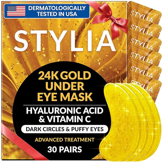 Stylia Under Eye Patches for Dark Circles and Puffy Eyes (30 Pairs) - 24k Gold Under Eye Mask with Vitamin C, Hyaluronic Acid, Pearl Extract - Eye Masks for Dark Circles and Puffiness