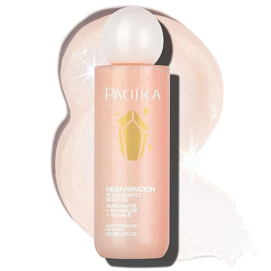 Pacifica Rose Quartz Body Oil – High Vibration Hydrating Body Oil with Natural Plant Oils & Rose Quartz Crystals, Moisturizing & Nourishing, Vegan & Cruelty-Free, Clean Beauty, Floral Scent, 4 oz
