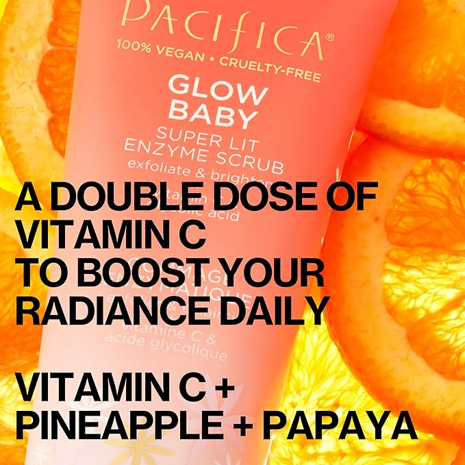 Pacifica Glow Baby Exfoliating Face Scrub, Brightening Enzyme Facial Cleanser w/ Vitamin C & Glycolic Acid for Radiant Smooth Skin, Unclogs Pores & Removes Dead Skin, Microbead-Free Vegan (4 fl oz)