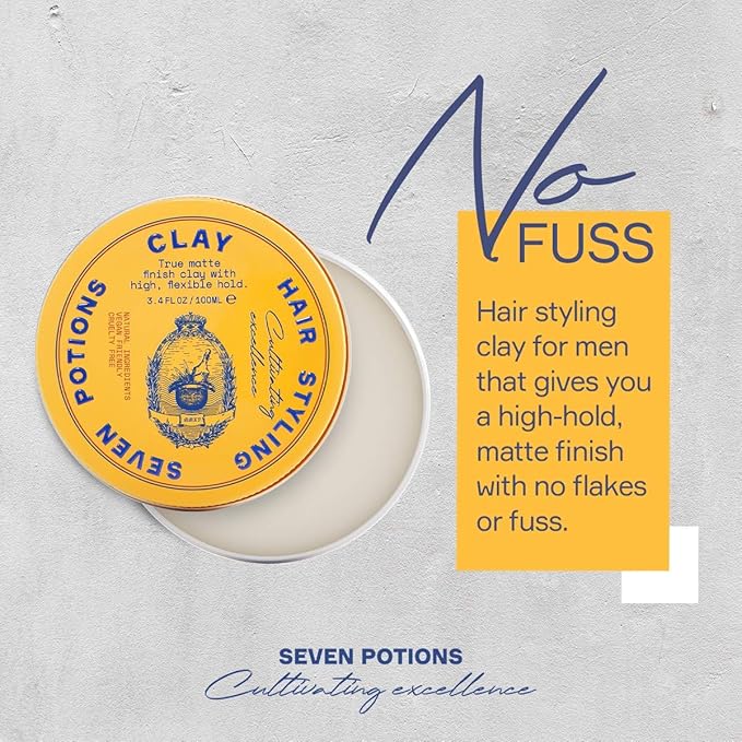 SEVEN POTIONS Hair Clay For Men and Women 3.4 fl oz - High Hold No Shine Hair Pomade For Men - Effortless Hair Styling Product That Leaves No Residue - Water Based - Natural, Vegan, Cruelty Free