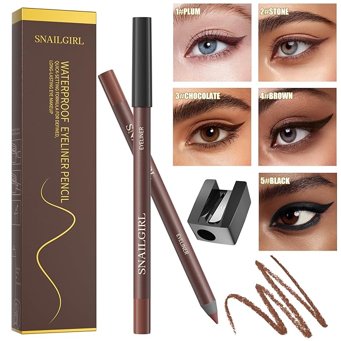 24HR Waterproof Eyeliner Pencil with Built-In Sharpener – Long Lasting, Smudge-Proof, Creamy Glide, Bold Pigment, Vegan & Sensitive Eye Safe (Chocolate)