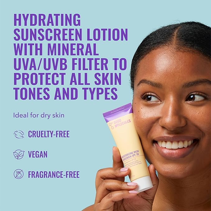 Good Molecules Moisturizing Rich Sunscreen SPF 30 – Mineral Zinc Oxide 11% Broad Spectrum UVA/UVB Protection, Hydrating Face Sunscreen, Fragrance-Free, 50 ml
