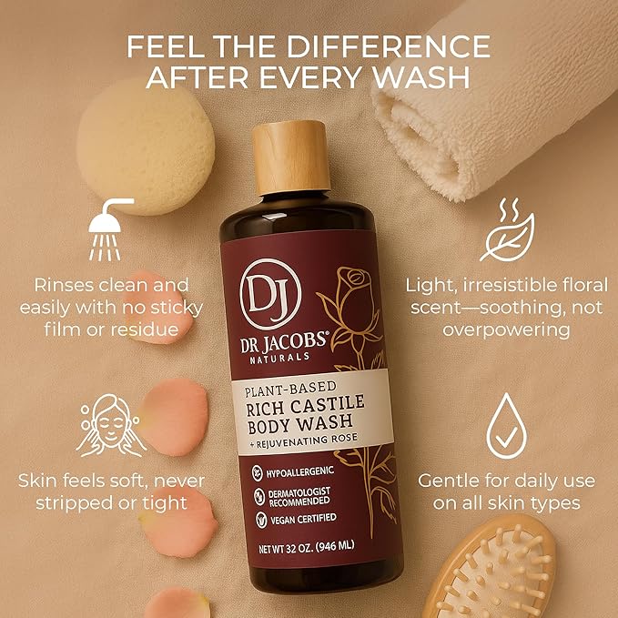Dr. Jacobs Naturals Pure Castile Soap Liquid Body Wash, Rose - Plant Based Body Soap Infused with Vitamin E and Aloe Vera to Moisturize Dry and Sensitive Skin - Made in The USA - 16 oz, Pack of 2