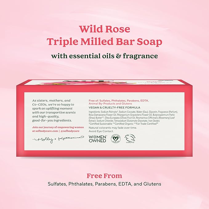 SoF Triple Milled Bar Soap - With Coconut Oil & Organic Shea Butter- Vegan & Non GMO- Free From Phthalates, Sulfates & Parabens- Wild Rose - 6 oz Bar 6 Bars