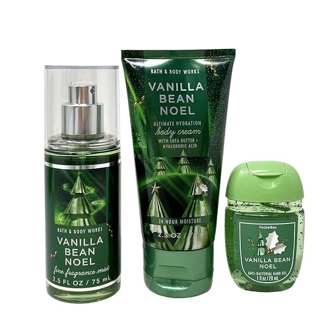 Bath & Body Works Vanilla Bean Noel Mini Gift Bag Set - Fragrance Mist - Body Cream and Hand Gel - with a Natural Oats Sample Soap - Travel Size
