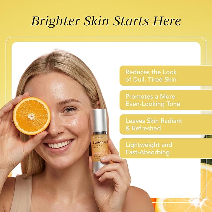 Peaches Skin Care Squeezed Vitamin C Serum with Kakadu Plum, Gold and CoQ10 – Lightweight Hydrating Formula for Radiant-Looking Complexion – Vegan Skincare for Women, 1 fl oz