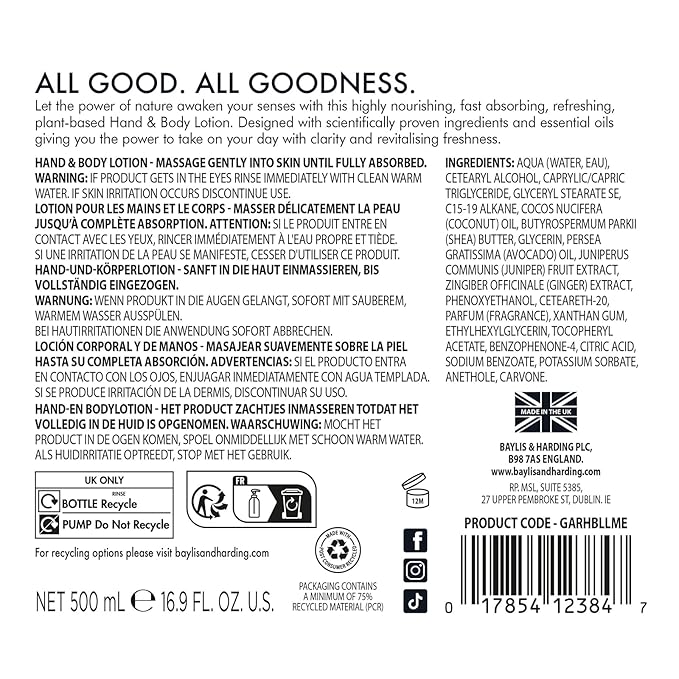 Baylis & Harding Goodness Awaken Lime, Mint & Eucalyptus Hand & Body Lotion, 500 ml (Pack of 3) - Vegan Friendly