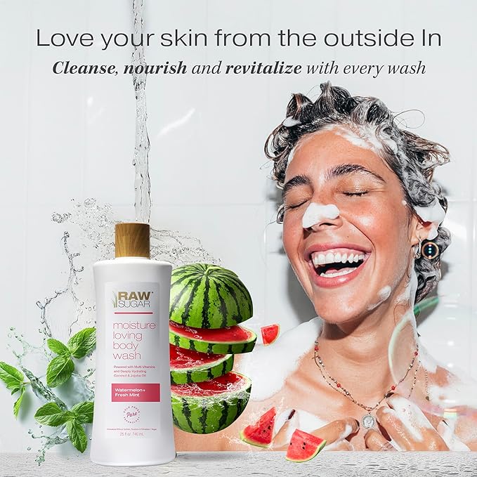 RAW SUGAR Watermelon Mint Refresh Gentle & Hydrating Body Wash, 20 Fl Oz (Pack of 3), Moisturizing & Refreshing Bath & Shower Gel, Vegan, Formulated without SLS/SLES & Parabens