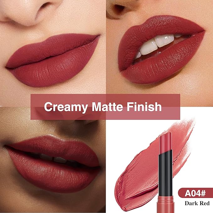 Dark Red Lipstick for Women，Matte Velvet Satin Lipsticks，Hydrate Lip stick Non-Drying Long Lasting Lip Stain Daily Makeup，Creamy Silky Texture，Highly pigment Formula，Vegan & Cruelty-Free，A04#