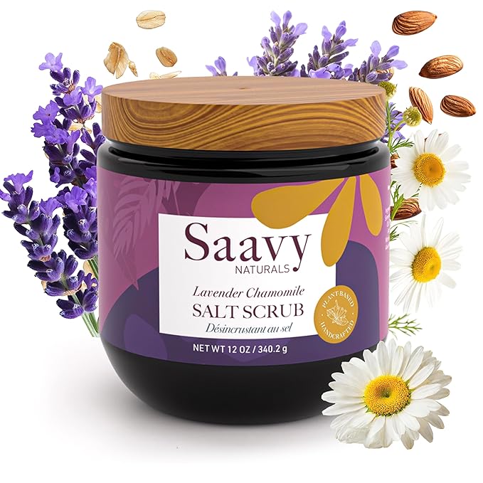 Saavy Naturals Body Scrub - Scented Salt Lavender Extract, Natural Body Scrub & Vegan Exfoliating with Vitamin E, Gentle for Sensitive Skin – Made in USA – Lavender Chamomile (1 Pack) - 12 oz