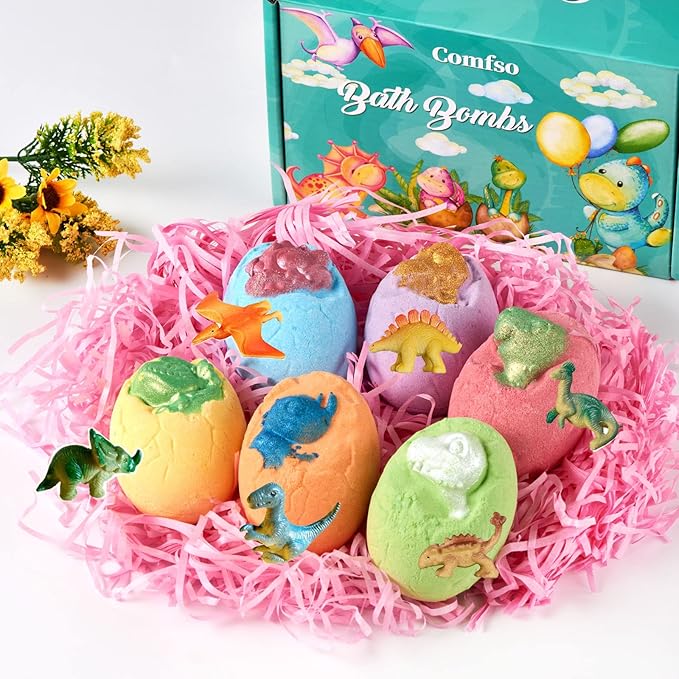 Bath Bombs for Kids - XL Dino Eggs Bath Bomb with Surprise Toys Inside, Kids Bath Bomb Gift Set, Natural Bubble Bath, Dinosaur Bathbombs Birthday Gift for Boys Girls, Christmas Stocking Stuffers Gift