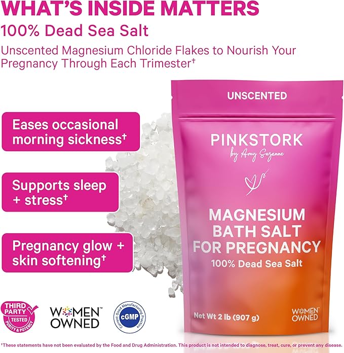 Pink Stork Pregnancy Bath Soak – Unscented Magnesium Flakes for Bath or Foot Soak – Pure Dead Sea Salt – Relief for Pregnancy Aches, Swollen Feet, and Stress – Clean, Fragrance-Free – 2 lb