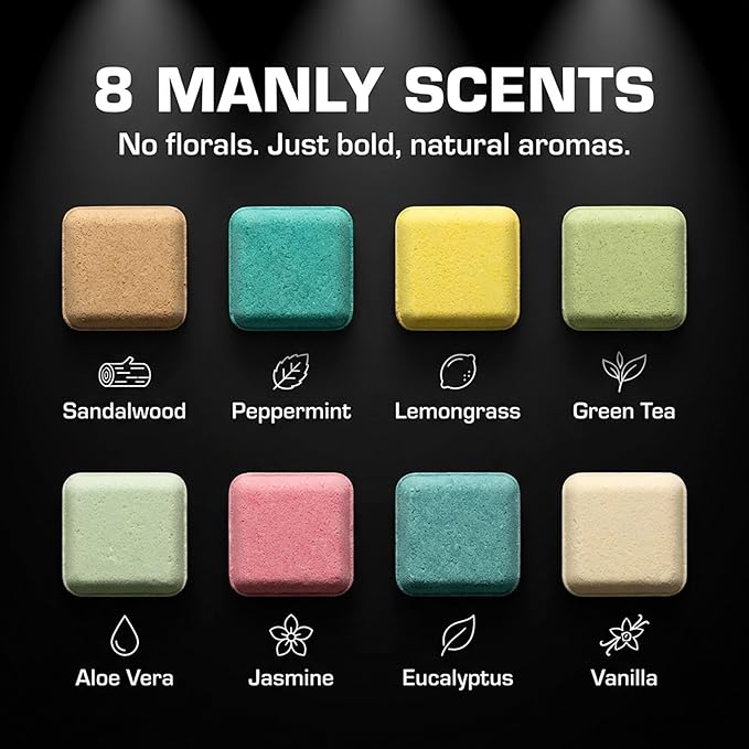 Bath Bombs for Men - Gift Set of 8 Scented Organic Handmade Natural Bath Bombs of 2.5 oz w/Natural Essential Oils, Unique Extra Strength Manly Scents, for Boyfriend, Husband, Father - Square Shape