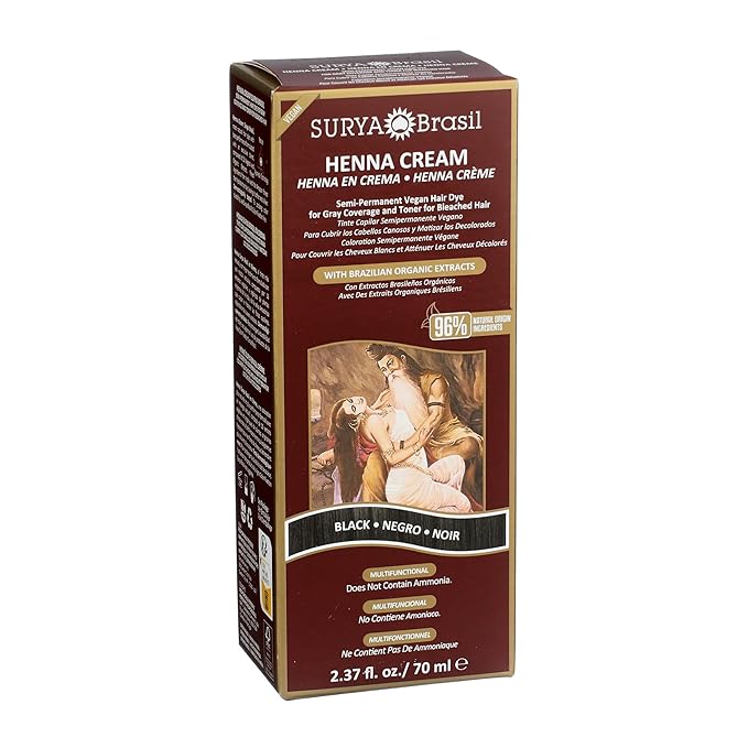 Surya Brasil Henna Cream Black - 96% Natural Ingredients, Vegan, Cruelty-Free, Eco-Friendly, Semi-Permanent Hair Color, Deep Hydration & Shine, 2.37 oz
