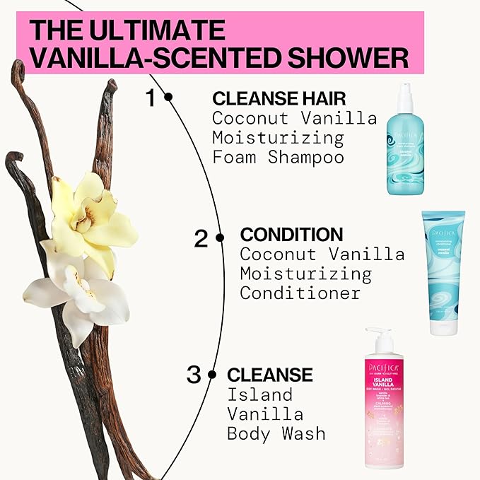 Pacifica Island Vanilla Body Wash Aloe + Hyaluronic Acid,Daily Cleansing,Bath&Shower Gel,Essential Oils,Clean,Vegan + Cruelty&Paraben Free,Clean Beauty Vegan Dermatologist Tested,12 Fl Oz,(Pack of 2)