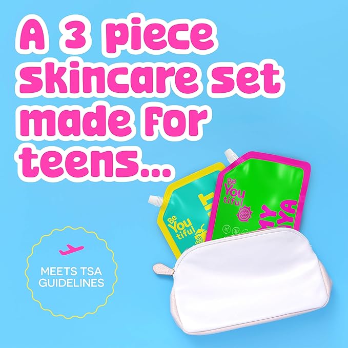 BeYoutiful 3 Step Teen Skin Care Kit, Easter Gifts for Kids, Face Wash Scrub Moisturizer Lotion, Skincare Gift Set for Tweens Kids in Trendy Pouches, Vegan, Easter Basket Stuffers