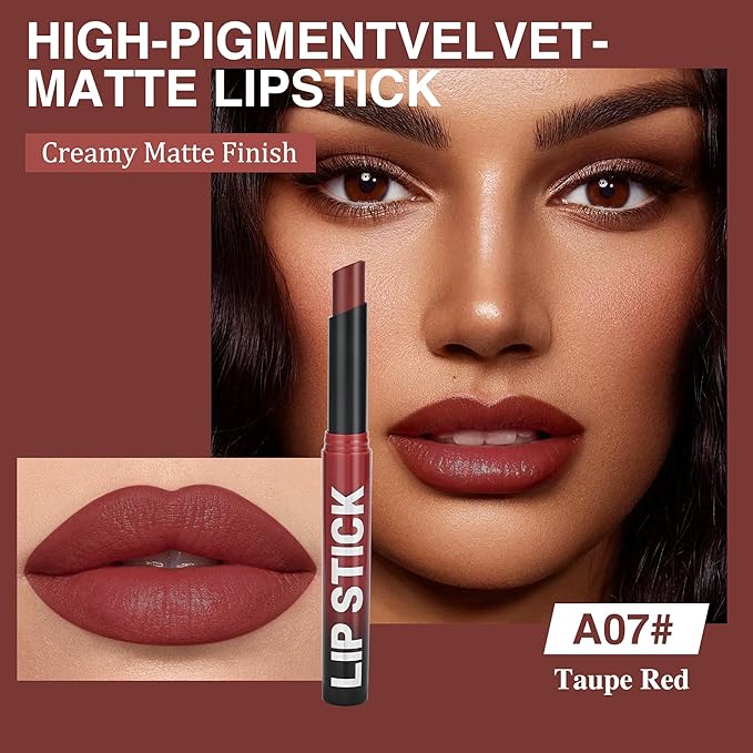 Taupe Red Lipstick for Women，Matte Velvet Satin Lipsticks，Hydrate Lip stick Non-Drying Long Lasting Lip Stain Daily Makeup，Creamy Silky Texture，Highly pigment Formula，Vegan & Cruelty-Free，A07#