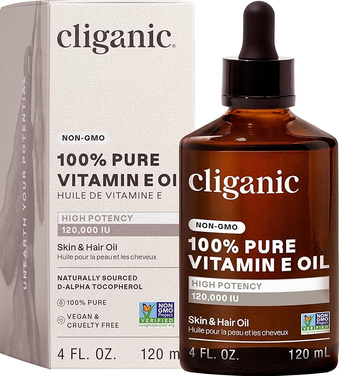 Cliganic Pure Vitamin E Oil for Skin, Scars, Hair & Face - 120,000 IU, Non-GMO Verified | Natural D-Alpha Tocopherol