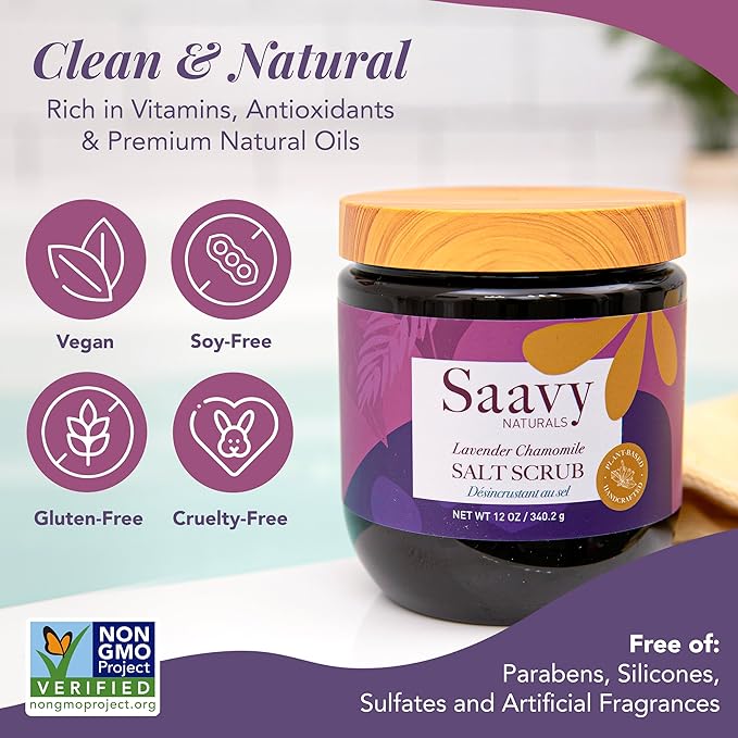 Saavy Naturals Body Scrub - Scented Salt Lavender Extract, Natural Body Scrub & Vegan Exfoliating with Vitamin E, Gentle for Sensitive Skin – Made in USA – Lavender Chamomile (1 Pack) - 12 oz