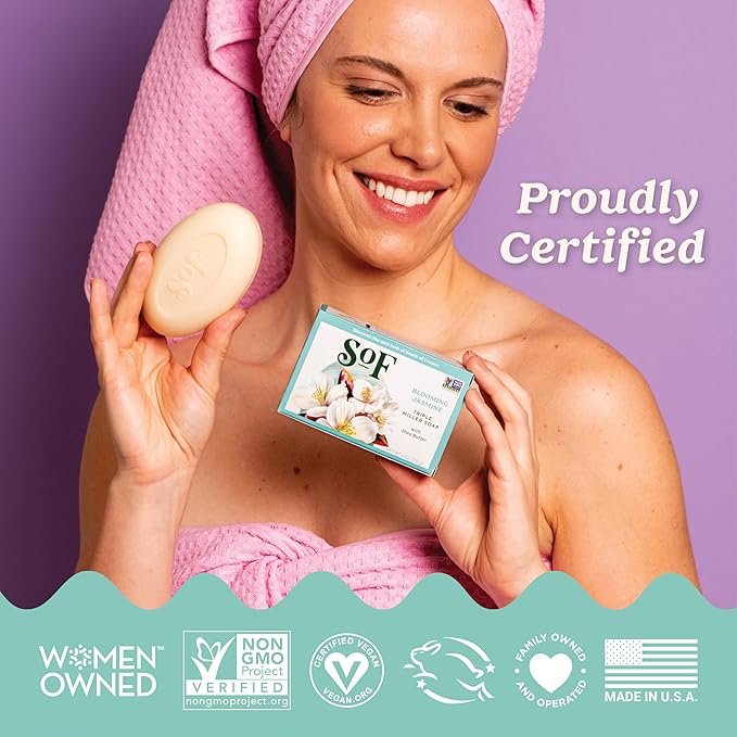 SoF Triple Milled Bar Soap - With Coconut Oil & Organic Shea Butter- Vegan & Non GMO- Free From Phthalates, Sulfates & Parabens- Blooming Jasmine - 6 oz Bar 6 Bars