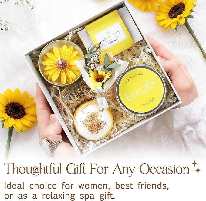 Birthday Gifts for Women – Yellow Sunshine Spa Gift Box, Luxury Bath & Self Care Package with Citrus & Peony Scent for Mom, Sister or Friend