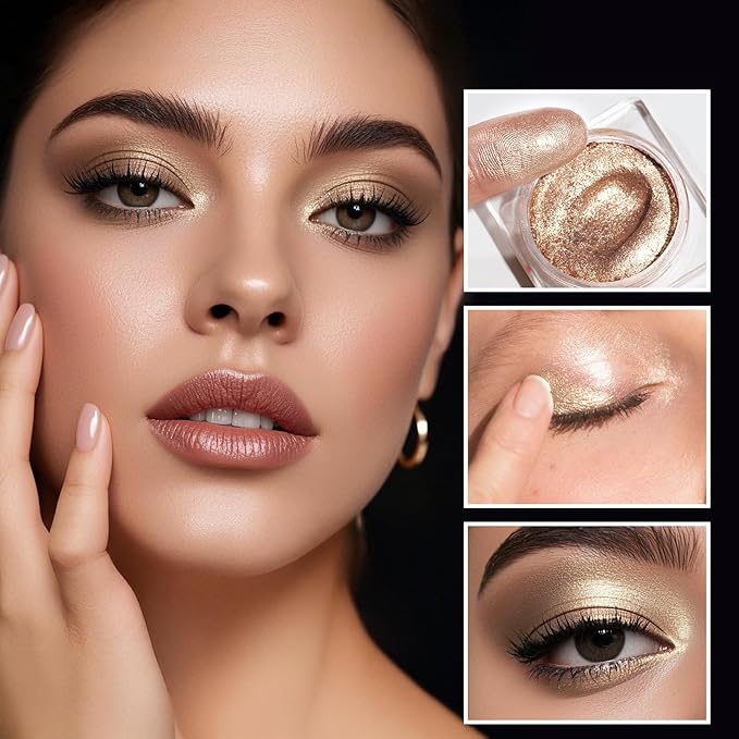 Cream Rose Gold Shimmer Eyeshadow Bright Richly Pigmented, Long Wear Intense Gold Glitter Creme Eye Shadow, Waterproof Ultra-Blendable Champagne Sombras de Ojos Makeup, Cruelty-Free & Vegan, 08#