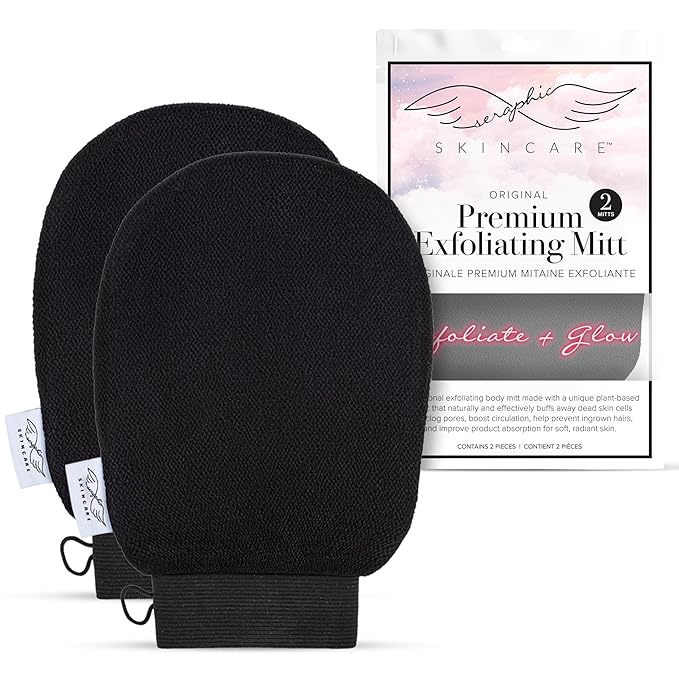 Seraphic Skincare (Original) Premium Exfoliating Mitt for Body (2pc) – 100% Vegan Viscose Traditional Body Scrub Glove Kessa Korean Washcloth – Body Exfoliator for Self-Tan Removal & Keratosis Pilaris