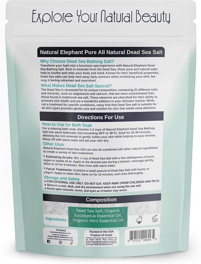 Natural Elephant Dead Sea Eucalyptus Mint Bath Salt - Bathing and Foot Soak for Energizing and Refreshing 100% Pure with Organic Eucalyptus Mint Essential Oil Medium Coarse Grain (10 lb (160 oz) Bag)
