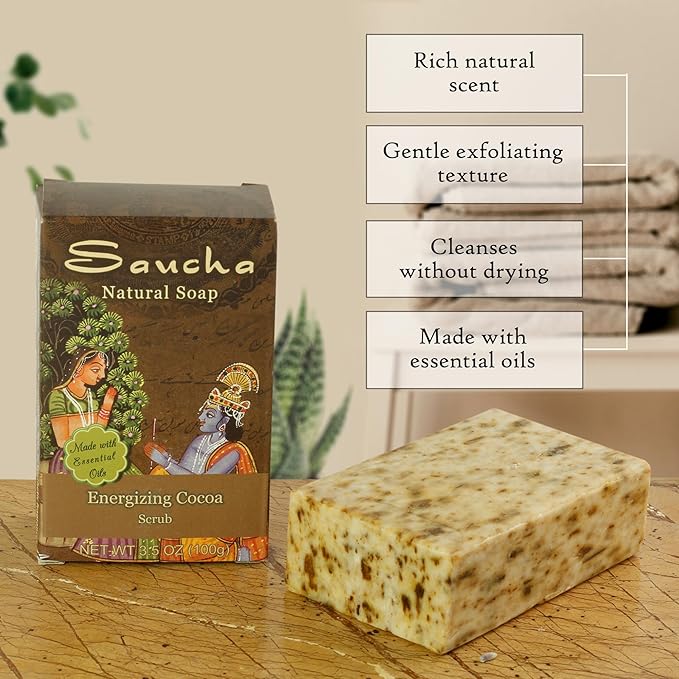 Prabhuji's Gifts Saucha Bar Soap – Energizing Cocoa Scrub – Ayurvedic Natural Coconut Oil & Essential Oils Vegan Soap Nourishing & Beautifying for Women and Men - 3 count x 3.5 oz each