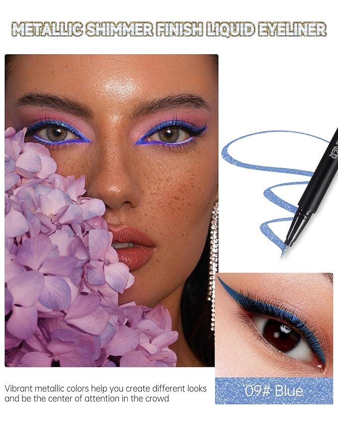 Metallic Shimmer Liquid Eyeliner, Blue Glitter Eyeliner Waterproof Long-Lasting 24H, Sparkling Finish Colored Eyeliner Pen, Ultra-Fine Tip Smooth Application, High Pigmented Smudge-Proof Eye Makeup-09