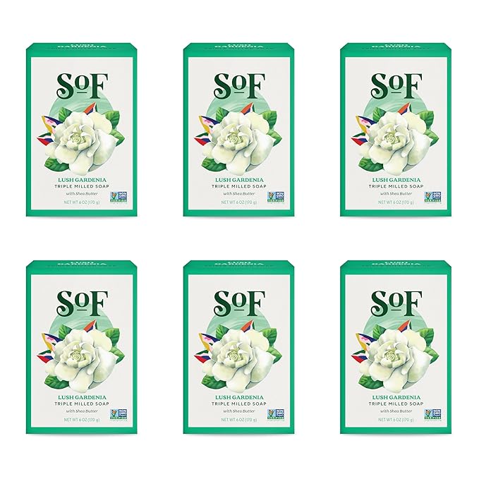 SoF Triple Milled Bar Soap - With Coconut Oil & Organic Shea Butter- Vegan & Non GMO- Free From Phthalates, Sulfates & Parabens- Lush Gardenia - 6 oz Bar 6 Bars