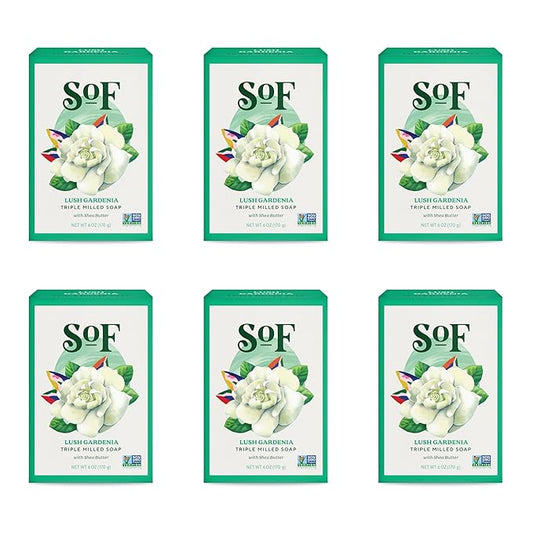 SoF Triple Milled Bar Soap - With Coconut Oil & Organic Shea Butter- Vegan & Non GMO- Free From Phthalates, Sulfates & Parabens- Lush Gardenia - 6 oz Bar 6 Bars
