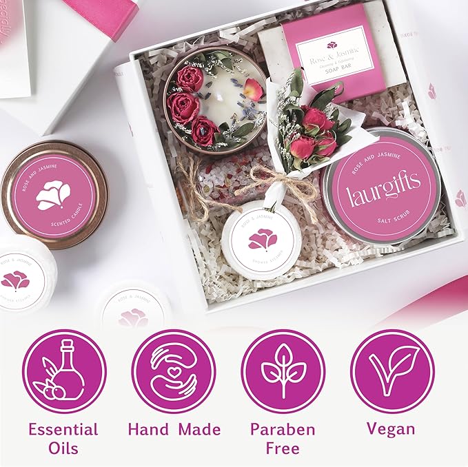 Spa Gift Set for Women – Rose & Jasmine Candle Gift Set with Bath Treats – Birthday Gift Basket for Women, Mom or Friend – Relaxing Self Care Spa Box