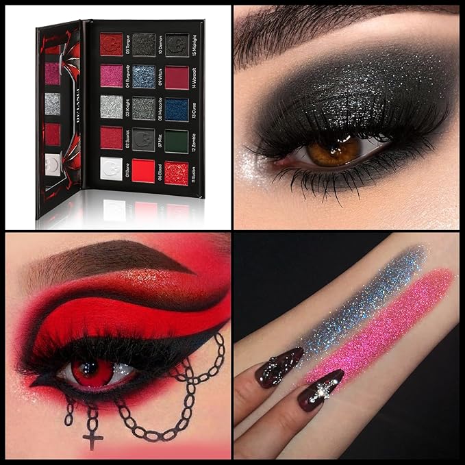 DE'LANCI Red Black Goth Eyeshadow Palette, Red Eyeshadow Goth Makeup Palette, Gray Silver Shimmer Glitter Eye shadow Pallet, Burgundy Eye Shadow for Vampire Clown Halloween Makeup,High Pigment,Vegan