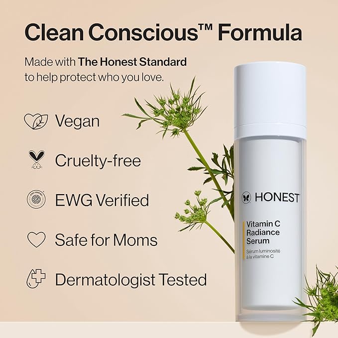 Honest Beauty Vitamin C Radiance Serum, Improves Brightens Skin Tone and Complexion, Gentle for Sensitive Skin, Fragrance-Free, Vegan, 1 fl oz