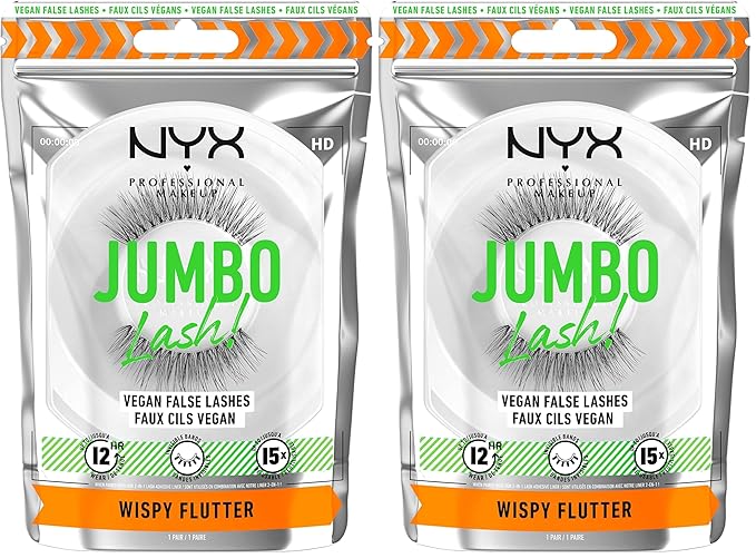 NYX PROFESSIONAL MAKEUP Jumbo Lash! Vegan False Eyelashes, Up to 12HR Wear, Reusable Fake Lashes - Wispy Flutter (Pack of 2)