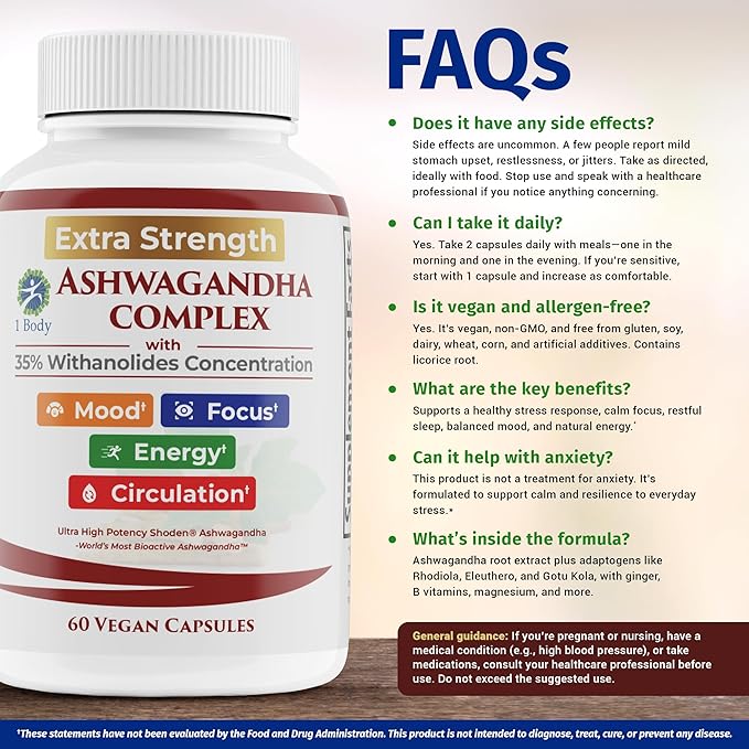 Ashwagandha Complex Adrenal Support Supplement for Stress Relief, Cortisol Balance, Energy & Focus, Mood Support, 35% Withanolides, 60 Vegan Capsules