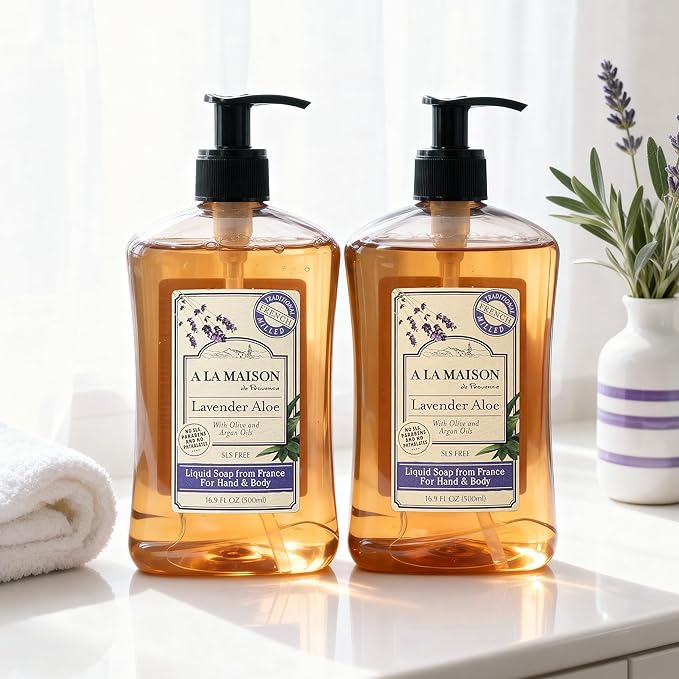 A LA MAISON Lavender Aloe French Liquid Hand Soap - Natural Hand Wash Made with Essential Oils - Biodegradable, Plant-Based, Vegan, Cruelty-Free, Alcohol & Paraben Free (16.9 oz, 2 Pack)