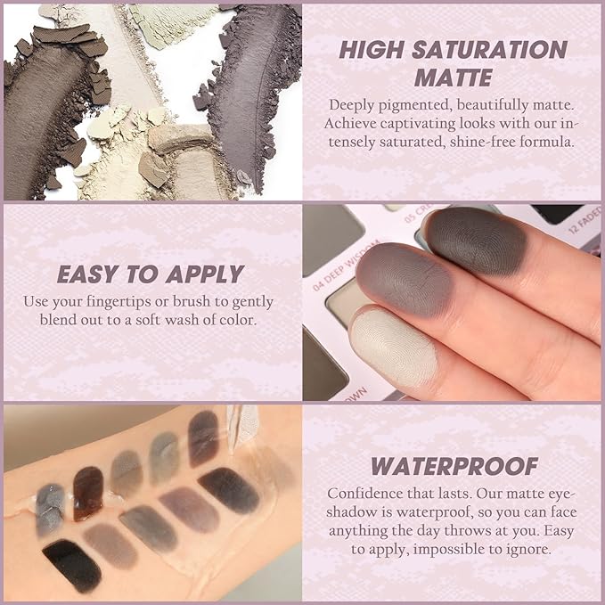 All Matte Neutral Eyeshadow Palette, Cool Toned Grey Smoky Eyeshadow Palette for Hazel Brown Eyes, High Pigmented Mauve Taupe Natural Eye Shadow Pallet for Mature Skin, Blendable & Long Last,Talc Free