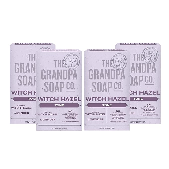 The Grandpa Soap Company Witch Hazel Bar Soap - Gently Tones Skin, With Witch Hazel and Lavender, Provides a Relaxing Effect, Vegan, For Face and Body, 4.25 Oz, 4 Pack